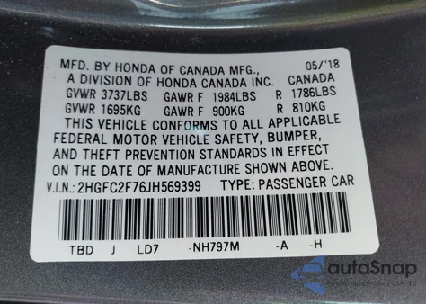 2018 Honda Civic Ex из США, поврежденный, VIN 2HGFC2F76JH569399